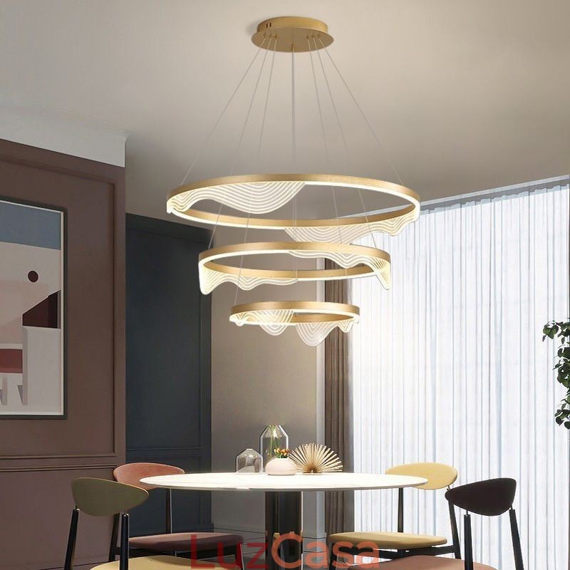 Luminária pendente Golden Wave Ripple Luz suspensa 3 luzes
