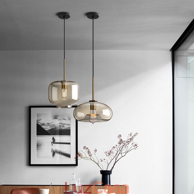 Luminária pendente de vidro minimalista cor conhaque luminária decorativa de vidro