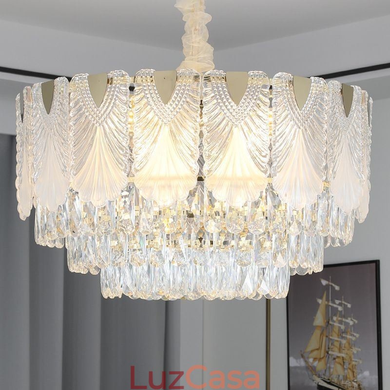 Luminária pendente de cristal com renda redonda para teto