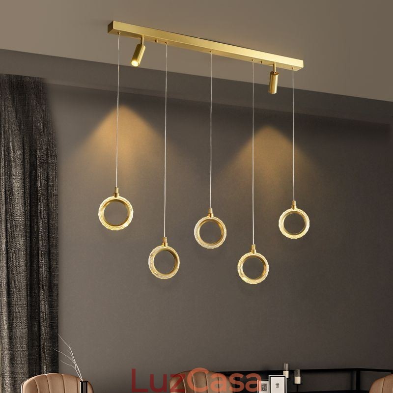 Luminária pendente de acrílico com anel de luz e holofote