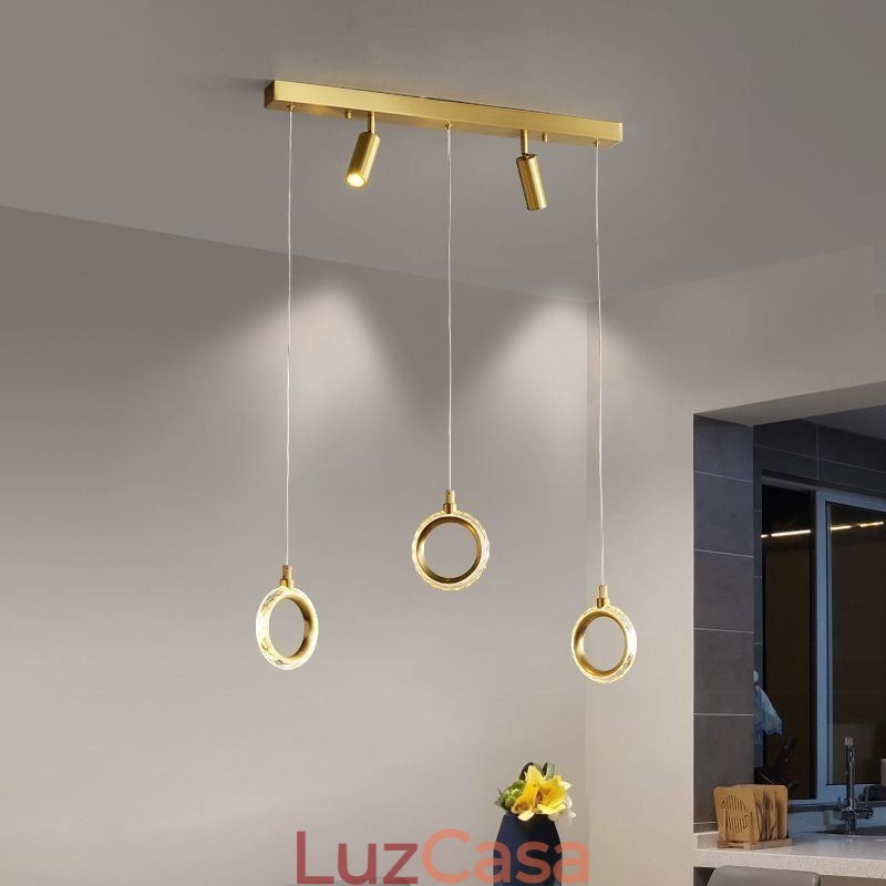Luminária pendente de acrílico com anel de luz e holofote