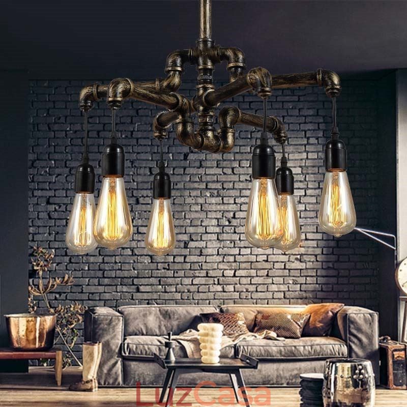6 Luz Retro Industrial Vintage Water Pipe Pendant Light Chandelier Country Estilo Rústico