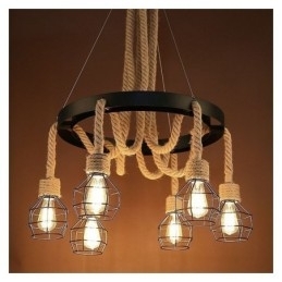 Estilo Retro 6 Cabeças Pendente Luz Corda De Cânhamo Lustre Com Abajur De Ferro