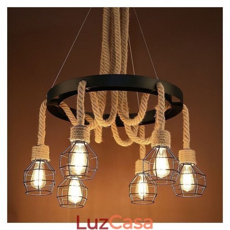 Estilo Retro 6 Cabeças Pendente Luz Corda De Cânhamo Lustre Com Abajur De Ferro Estilo Retro 6 Cabeças Pendente Luz Corda De Cânhamo Lustre Com Abajur De Ferro