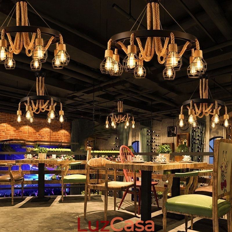 Estilo Retro 6 Cabeças Pendente Luz Corda De Cânhamo Lustre Com Abajur De Ferro
