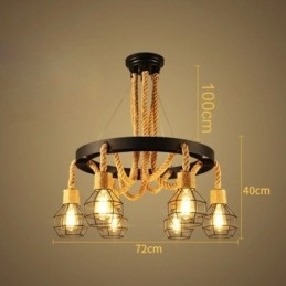 Estilo Retro 6 Cabeças Pendente Luz Corda De Cânhamo Lustre Com Abajur De Ferro