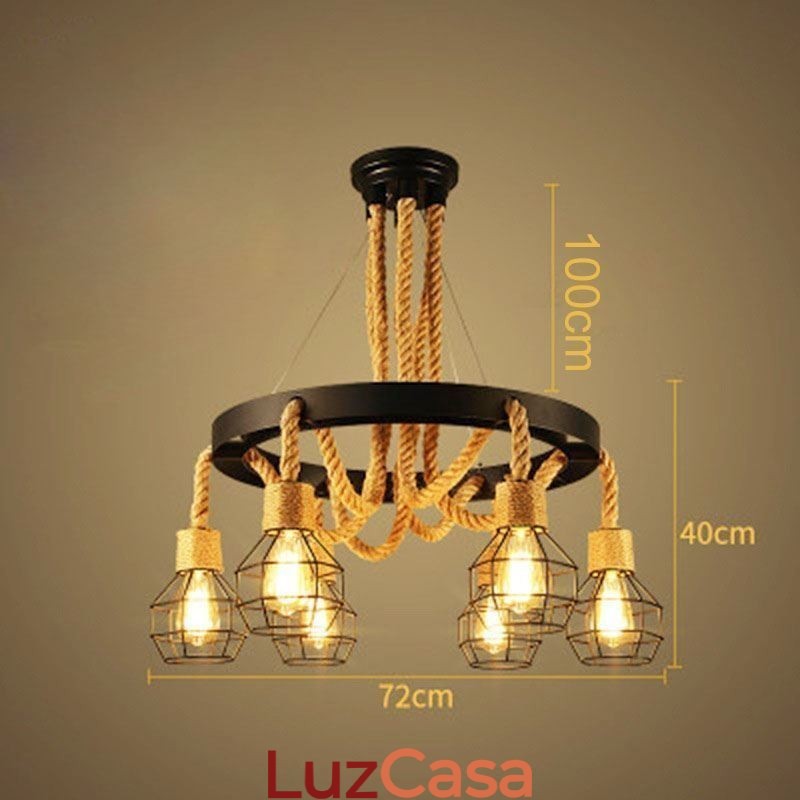 Estilo Retro 6 Cabeças Pendente Luz Corda De Cânhamo Lustre Com Abajur De Ferro