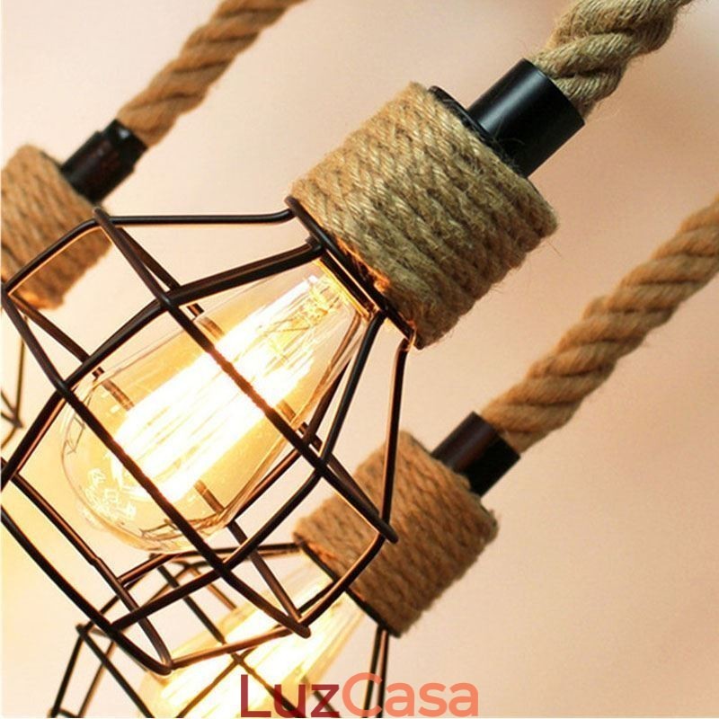 Estilo Retro 6 Cabeças Pendente Luz Corda De Cânhamo Lustre Com Abajur De Ferro