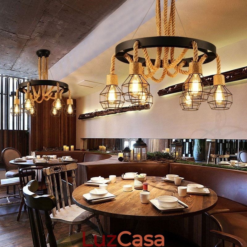 Estilo Retro 6 Cabeças Pendente Luz Corda De Cânhamo Lustre Com Abajur De Ferro