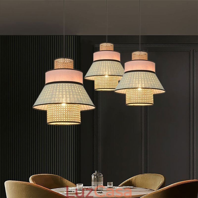 1 Luminária pendente de abajur de vestido leve com trama de bambu