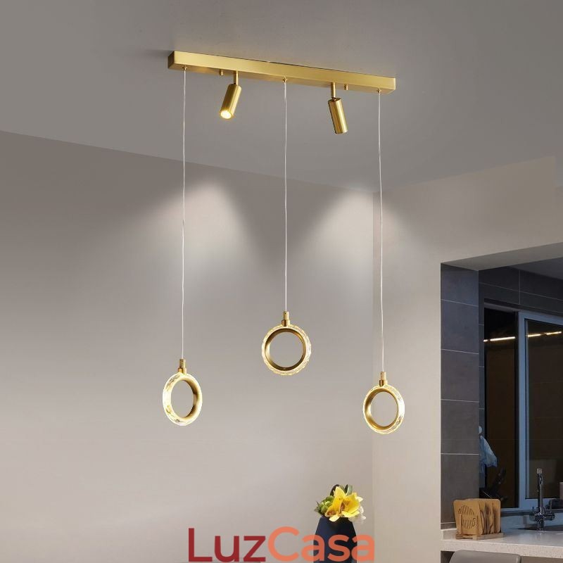 Luminária pendente de acrílico com anel de luz e holofote