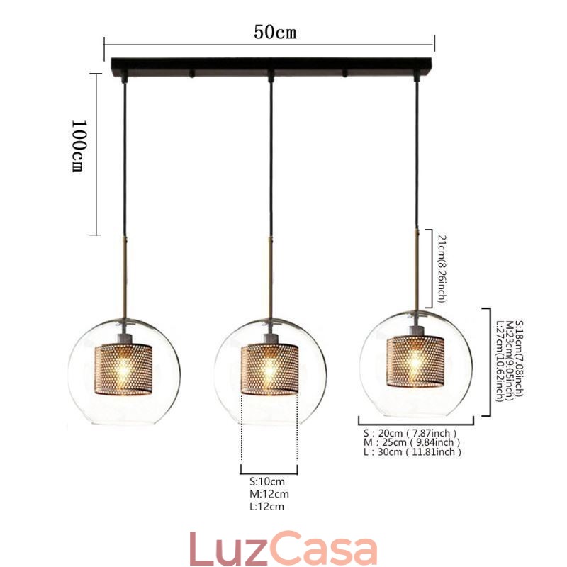 Luminária pendente minimalista de vidro com 3 luzes, ilha de teto
