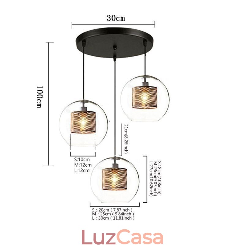 Luminária pendente minimalista de vidro com 3 luzes, ilha de teto