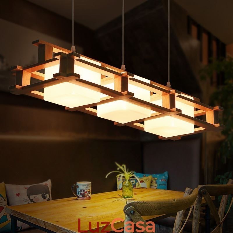 Luminária pendente criativa de carvalho com 3 luzes, luz de teto decorativa de madeira, café