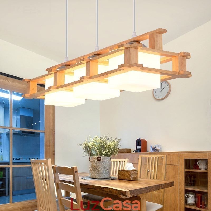 Luminária pendente criativa de carvalho com 3 luzes, luz de teto decorativa de madeira, café