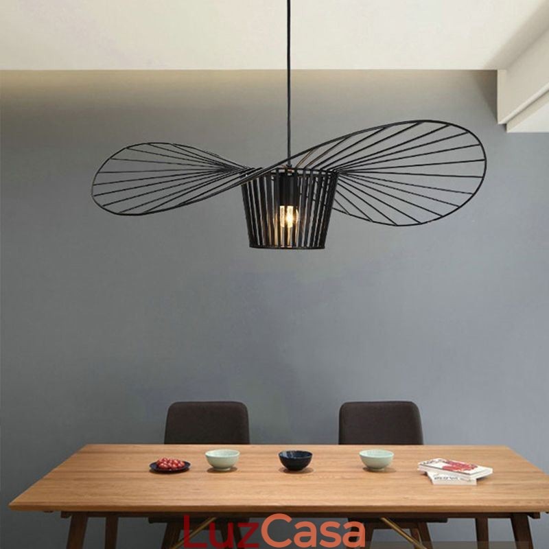 Luminária pendente de ferro, chapéu de palha, 1 luz