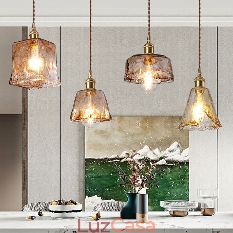 Mini luminária pendente de vidro exclusiva estilo japonês cor âmbar iluminação decorativa