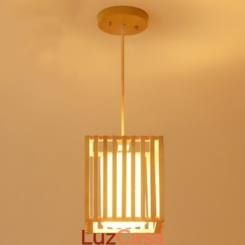 Luminária pendente minimalista em forma de gaiola de madeira