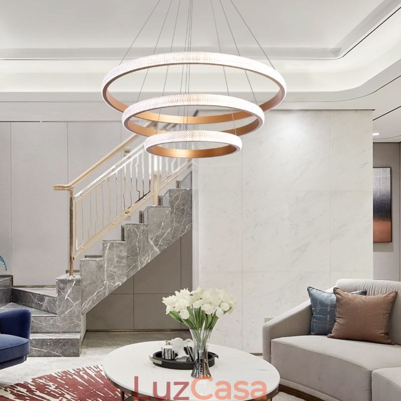 Luminária pendente moderna acrílica 3 anéis lâmpada 80+60+40cm