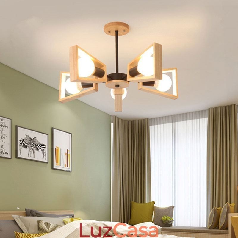 Lustre moderno em forma de leque, luminária pendente de madeira elegante