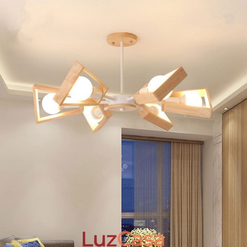 Lustre moderno em forma de leque, luminária pendente de madeira elegante