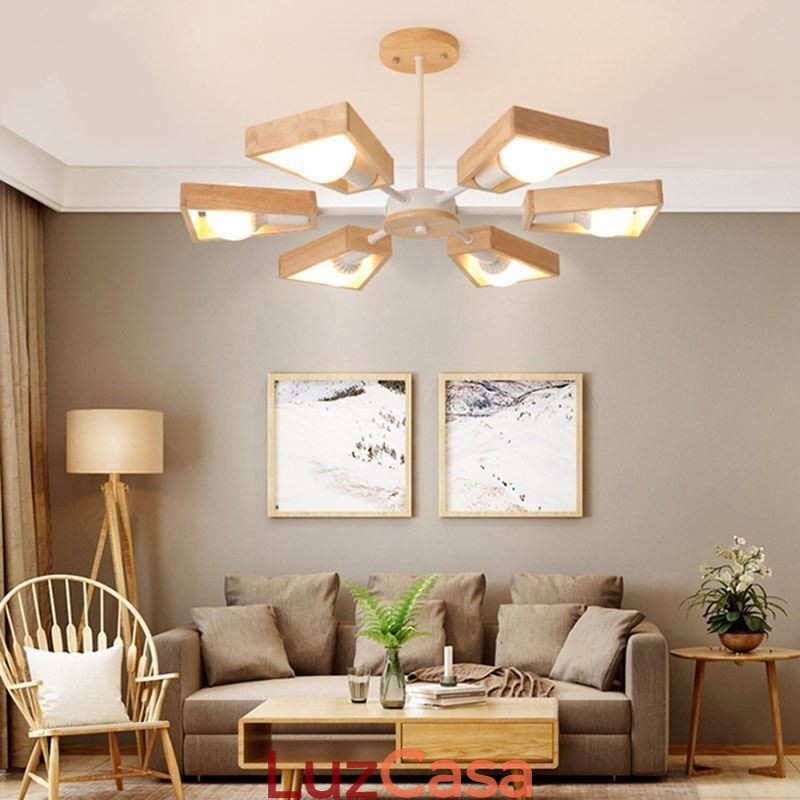 Lustre moderno em forma de leque, luminária pendente de madeira elegante