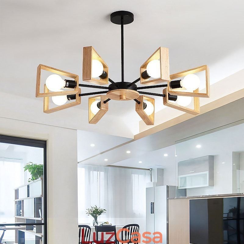 Lustre moderno em forma de leque, luminária pendente de madeira elegante