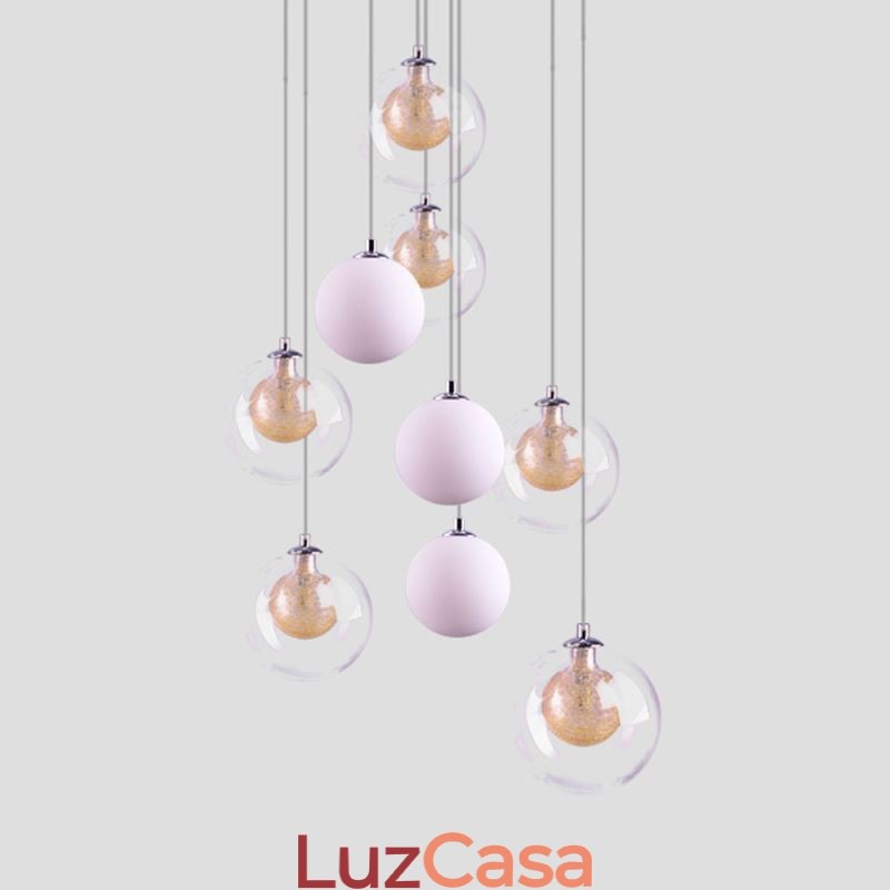 Luminária pendente de vidro Cluster de teto Luz de teto Níquel dourado escovado + Bola de vidro leitoso