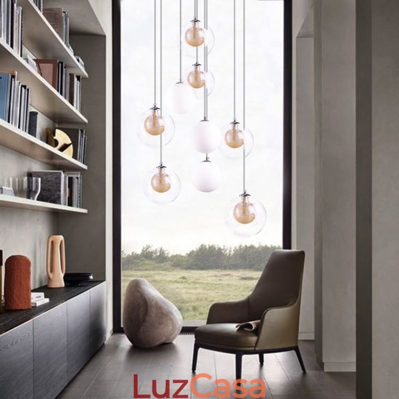 Luminária pendente de vidro Cluster de teto Luz de teto Níquel dourado escovado + Bola de vidro leitoso