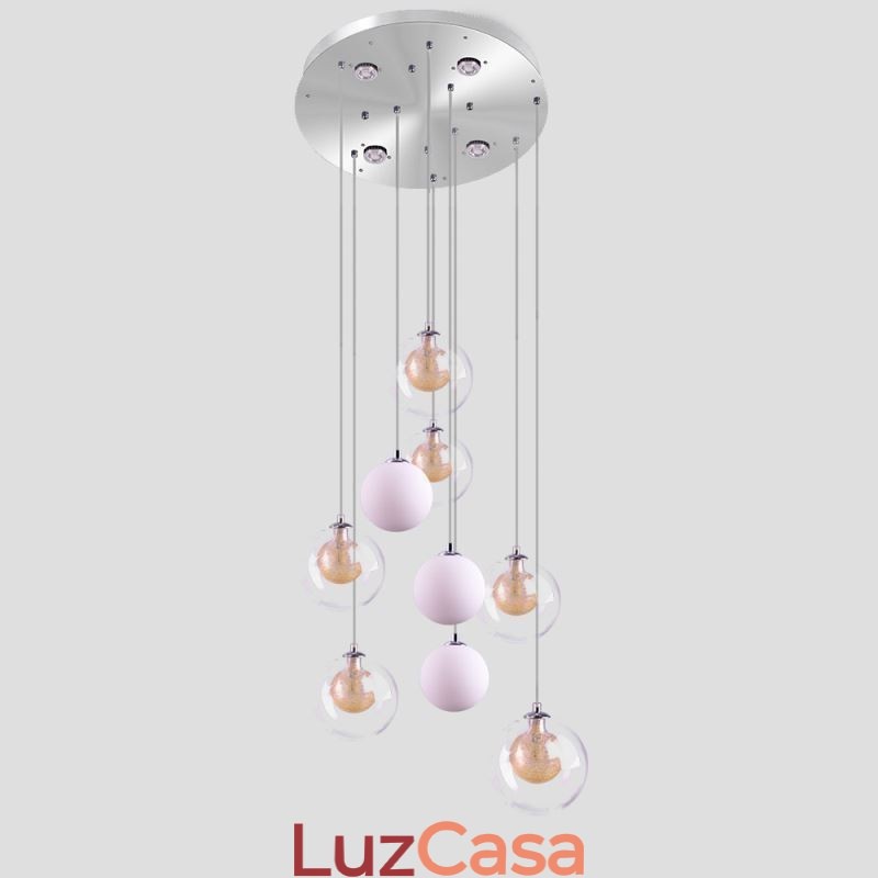 Luminária pendente de vidro Cluster de teto Luz de teto Níquel dourado escovado + Bola de vidro leitoso
