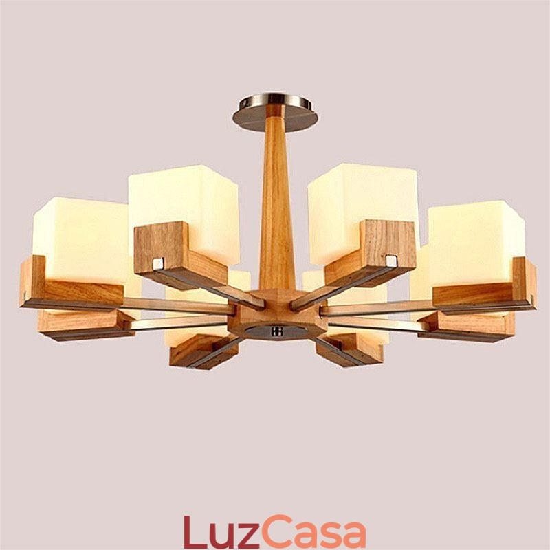 Lustre nórdico de madeira com abajur de vidro e luminária pendente