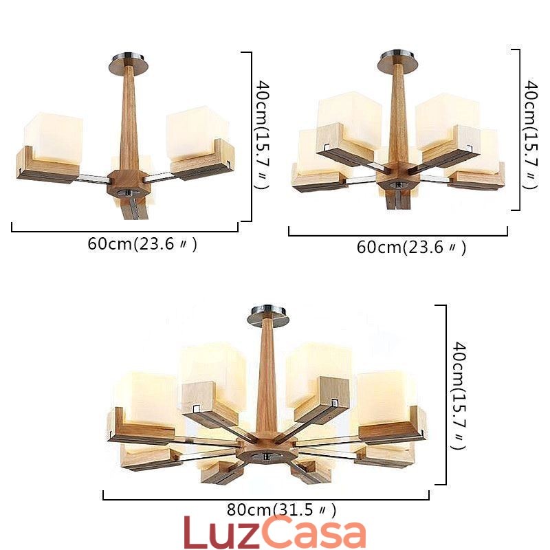 Lustre nórdico de madeira com abajur de vidro e luminária pendente