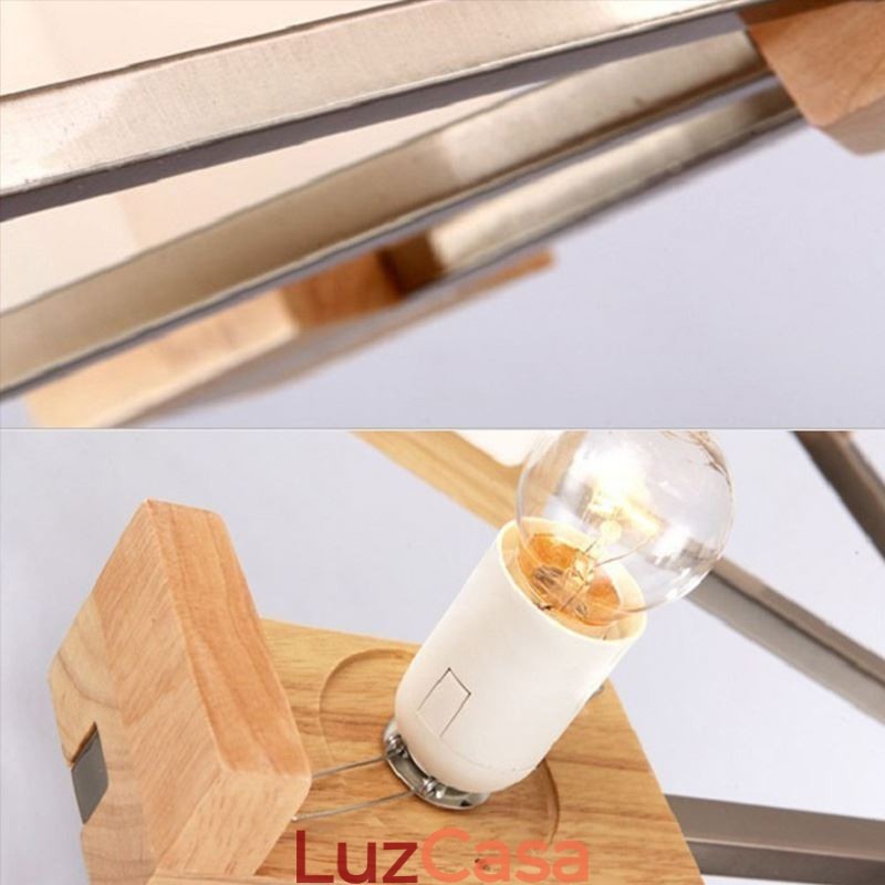 Lustre nórdico de madeira com abajur de vidro e luminária pendente