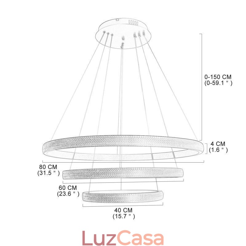 Luminária pendente moderna acrílica 3 anéis lâmpada 80+60+40cm