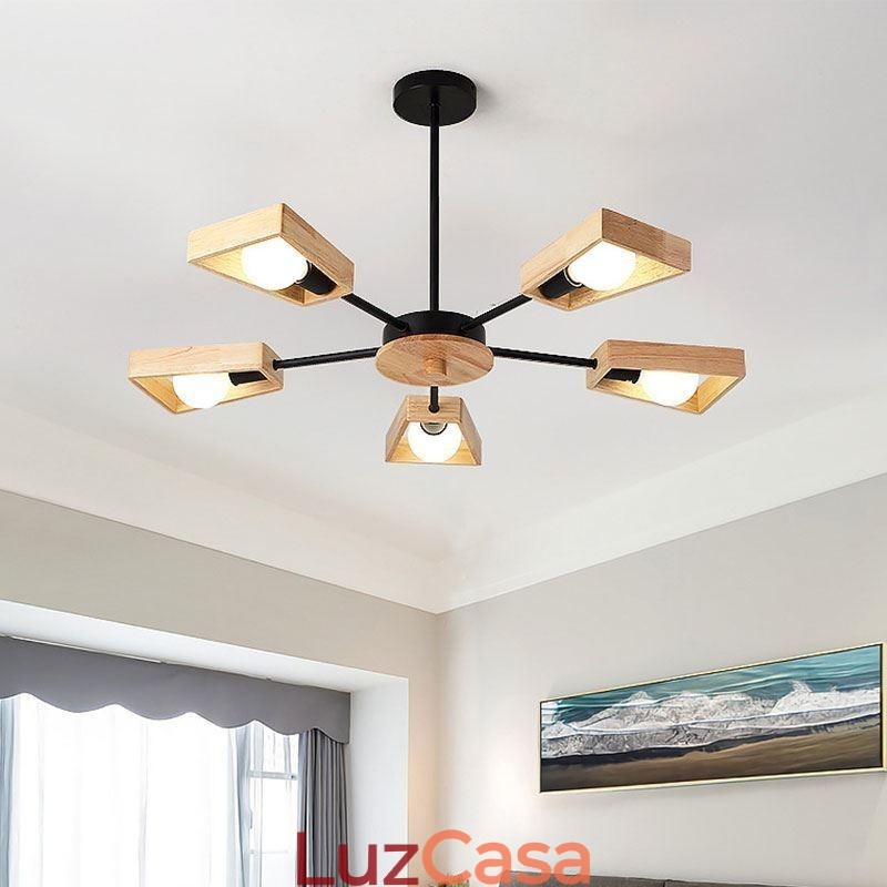Lustre moderno em forma de leque, luminária pendente de madeira elegante