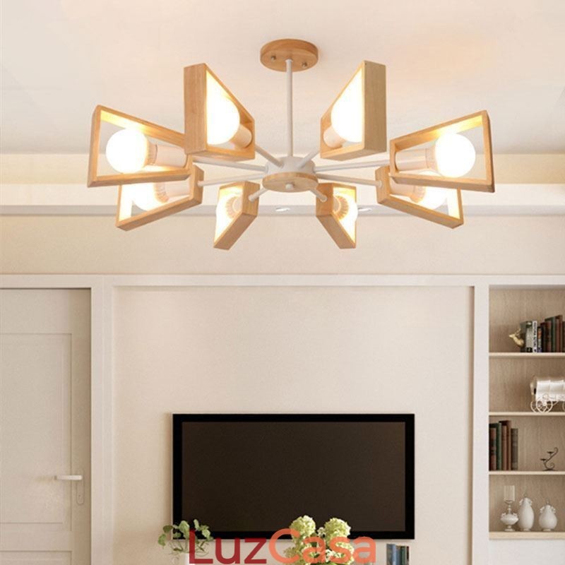 Lustre moderno em forma de leque, luminária pendente de madeira elegante