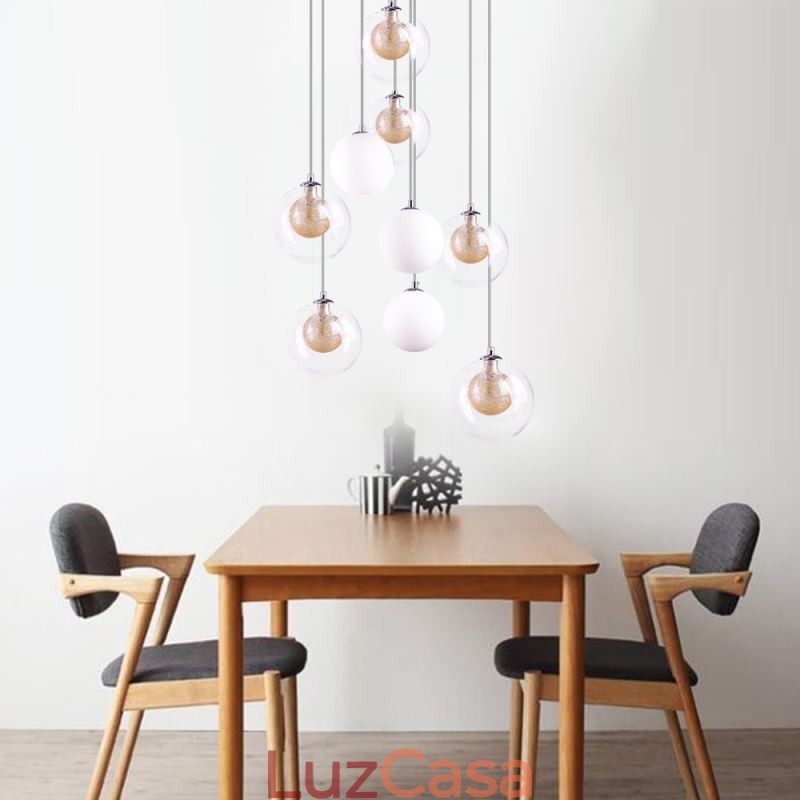 Luminária pendente de vidro Cluster de teto Luz de teto Níquel dourado escovado + Bola de vidro leitoso