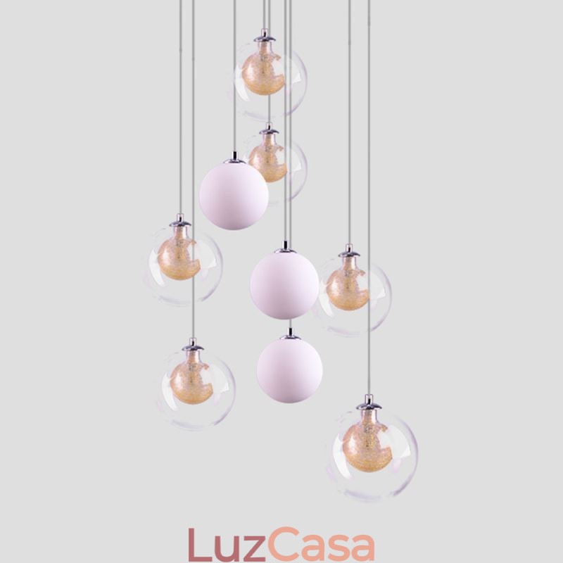 Luminária pendente de vidro Cluster de teto Luz de teto Níquel dourado escovado + Bola de vidro leitoso