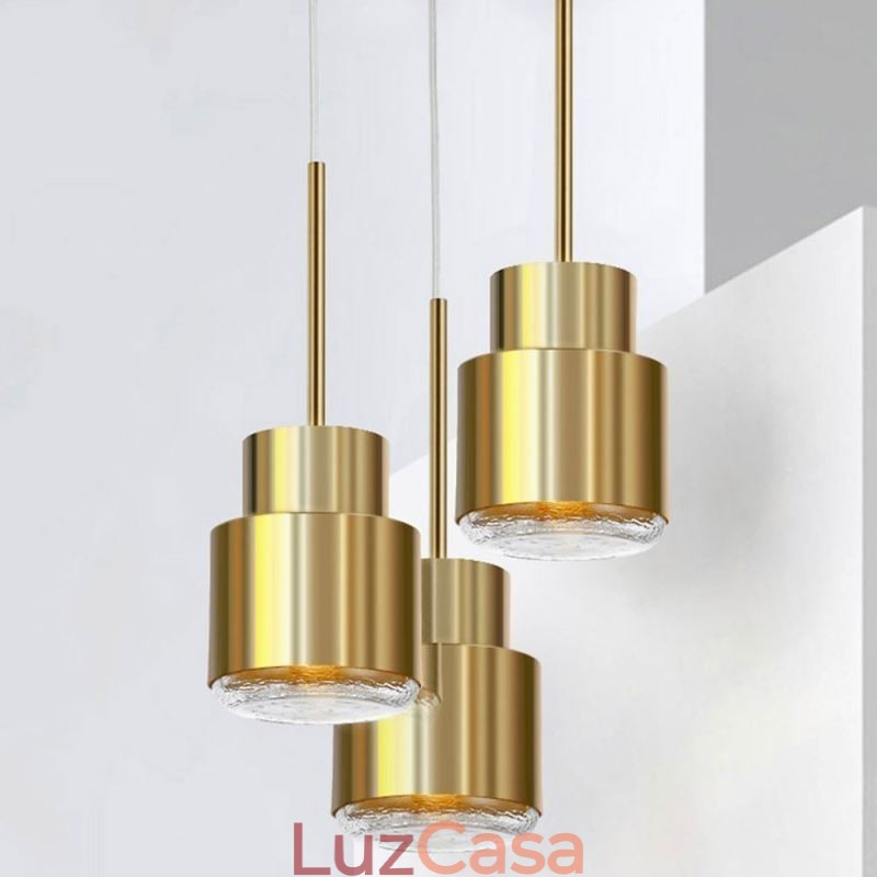 Luminária pendente de vidro pós-moderna, lâmpada cilíndrica dourada, iluminação brilhante