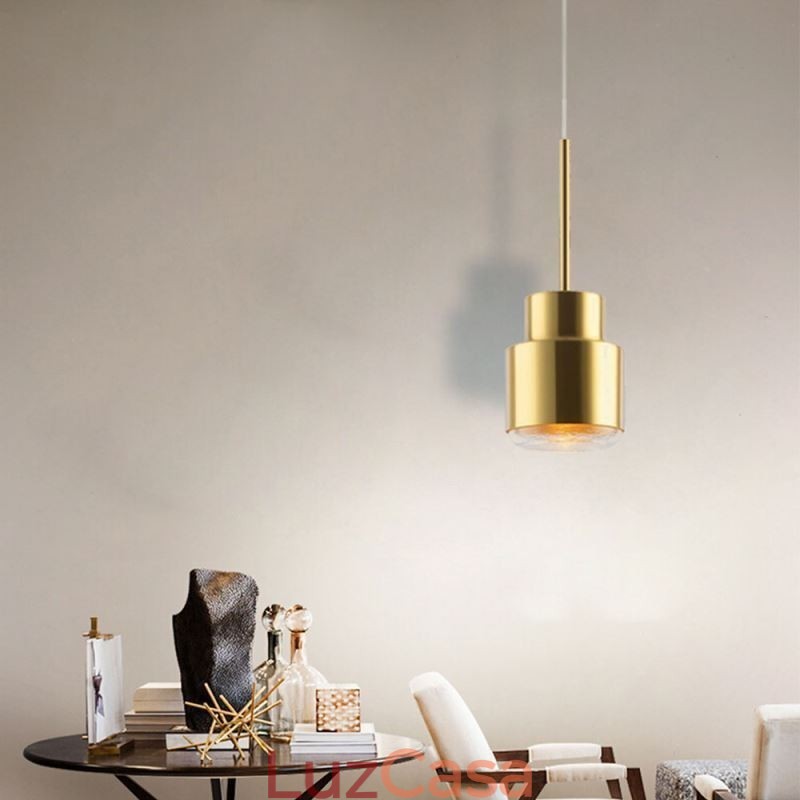 Luminária pendente de vidro pós-moderna, lâmpada cilíndrica dourada, iluminação brilhante