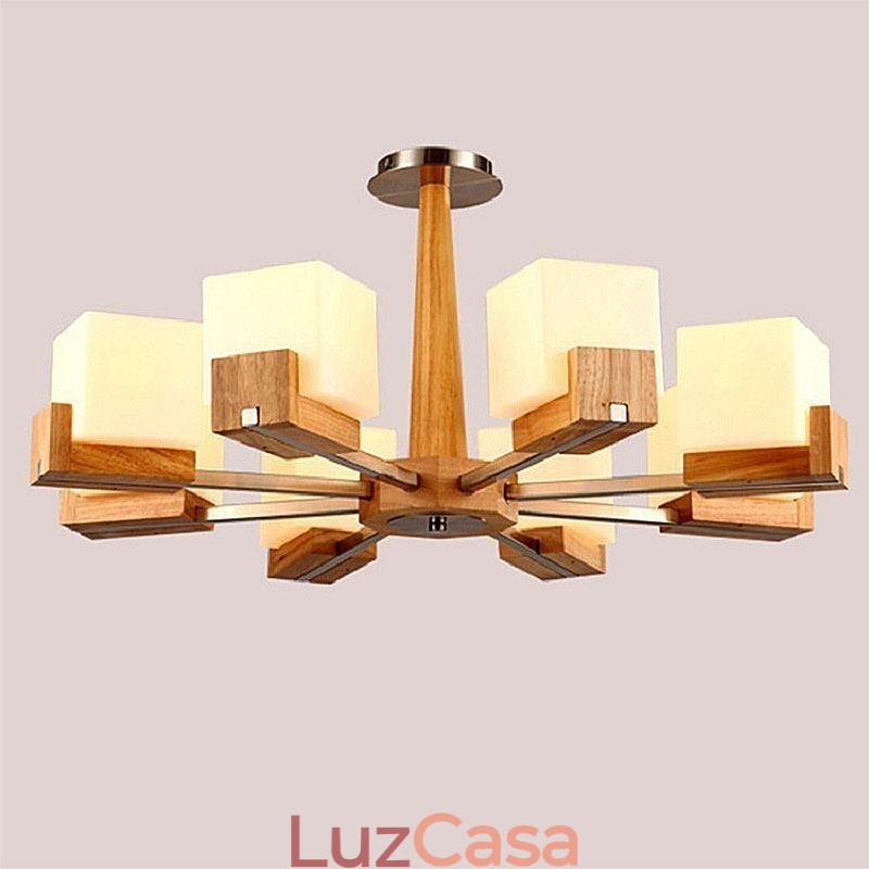 Lustre nórdico de madeira com abajur de vidro e luminária pendente