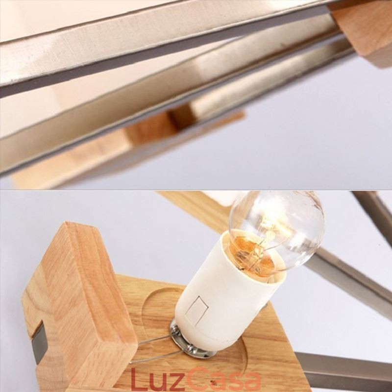 Lustre nórdico de madeira com abajur de vidro e luminária pendente