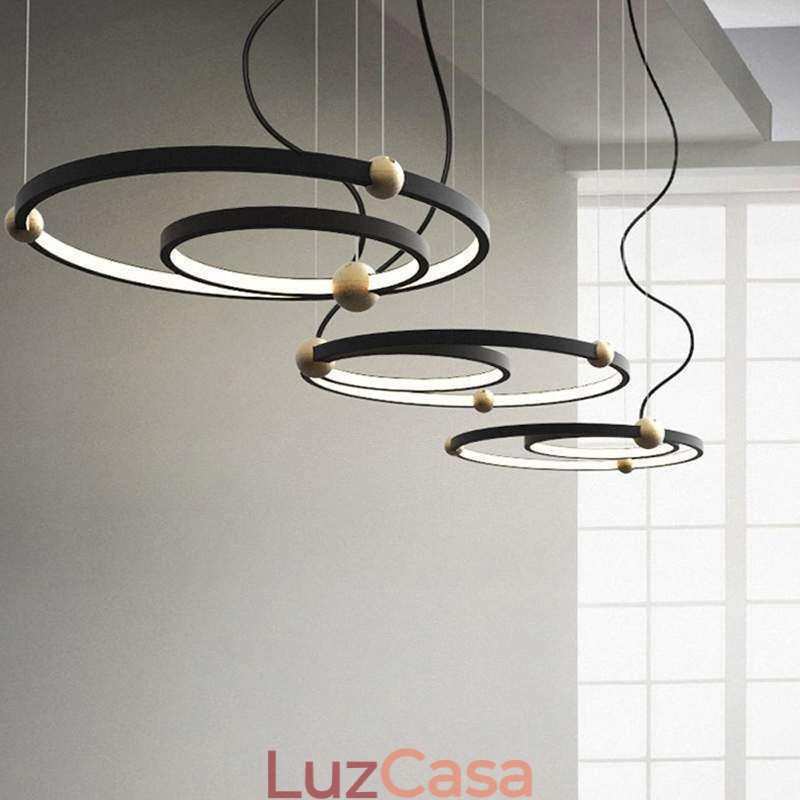 Luminária pendente circular preta 2 anéis