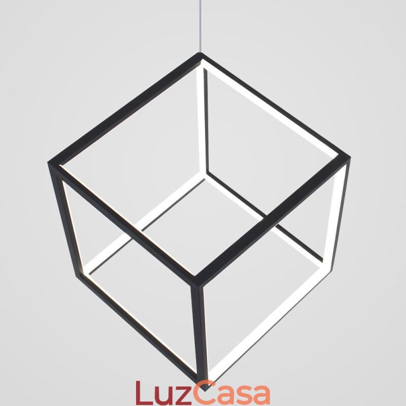 Luminária pendente preta iluminação cubo geométrico
