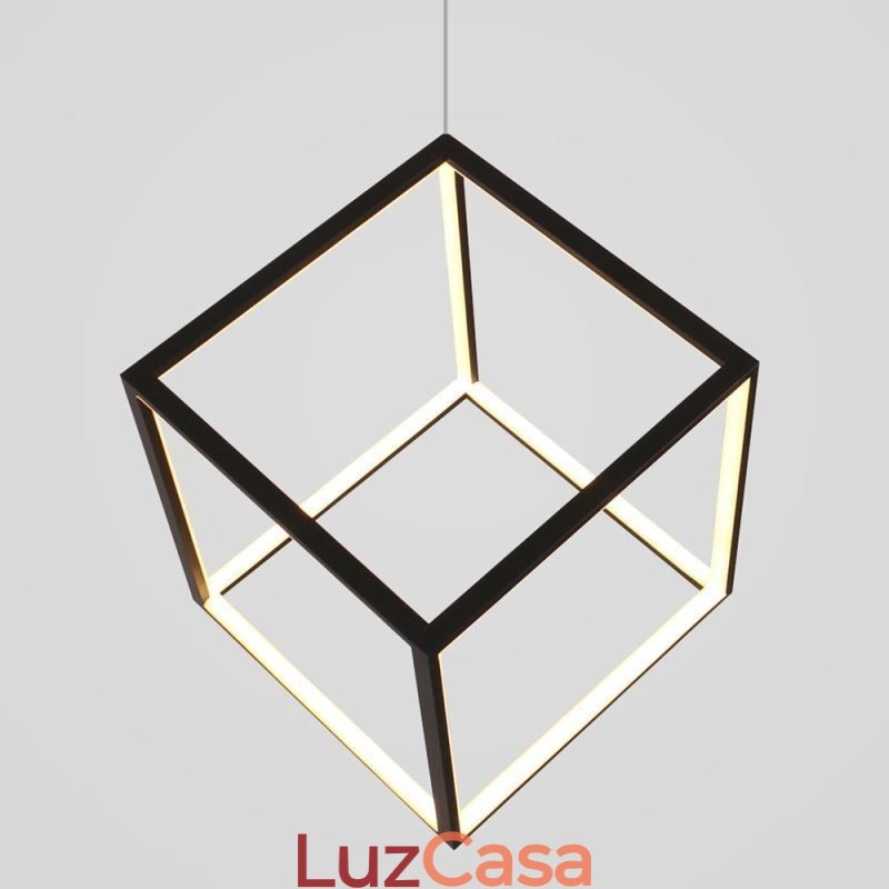 Luminária pendente preta iluminação cubo geométrico