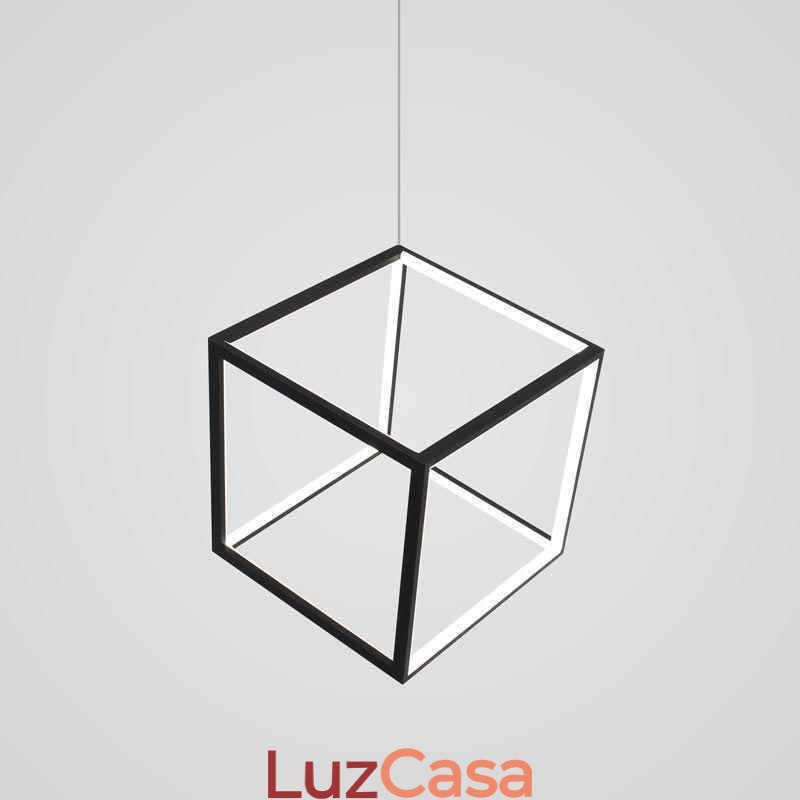 Luminária pendente preta iluminação cubo geométrico
