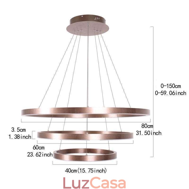 Luminária pendente desenho artesanato 3 anéis lâmpada 80+60+40cm