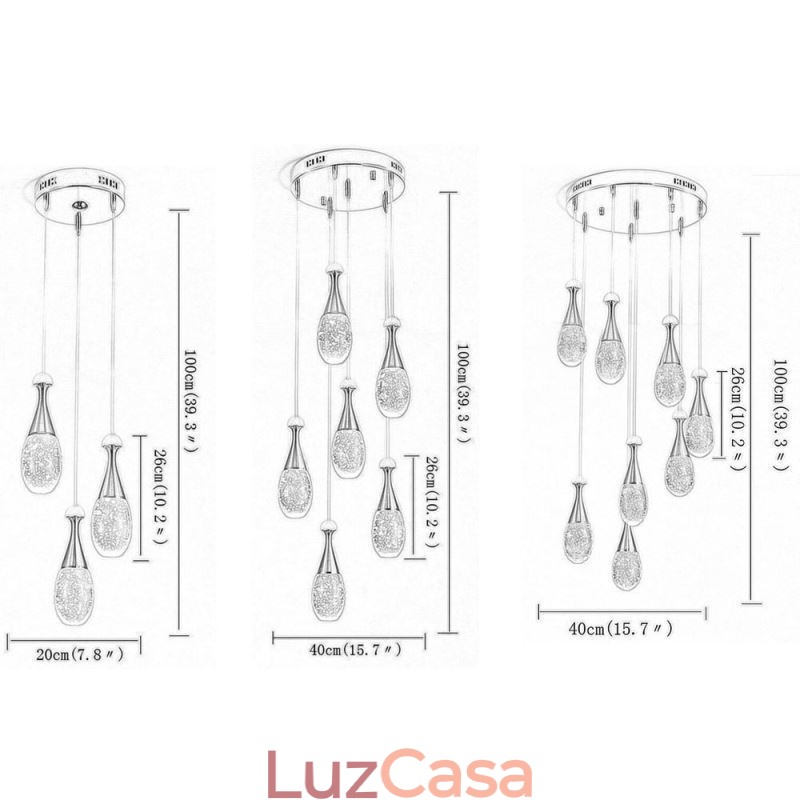 Iluminação pendente de cluster de lágrima de vidro com sementes
