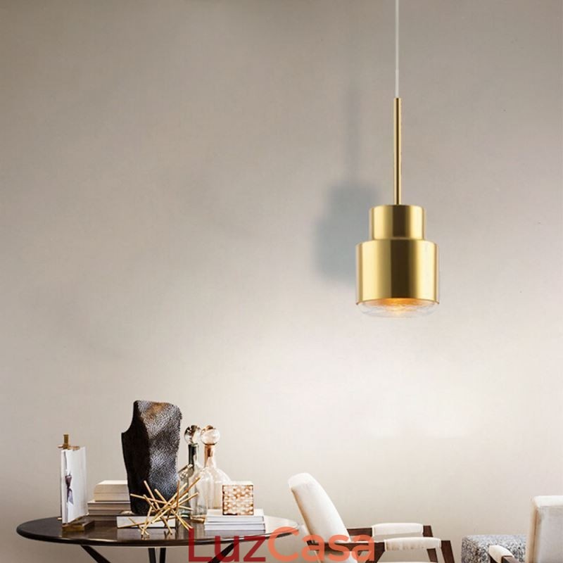 Luminária pendente de vidro pós-moderna, lâmpada cilíndrica dourada, iluminação brilhante