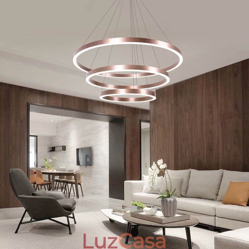 Luminária pendente desenho artesanato 3 anéis lâmpada 80+60+40cm